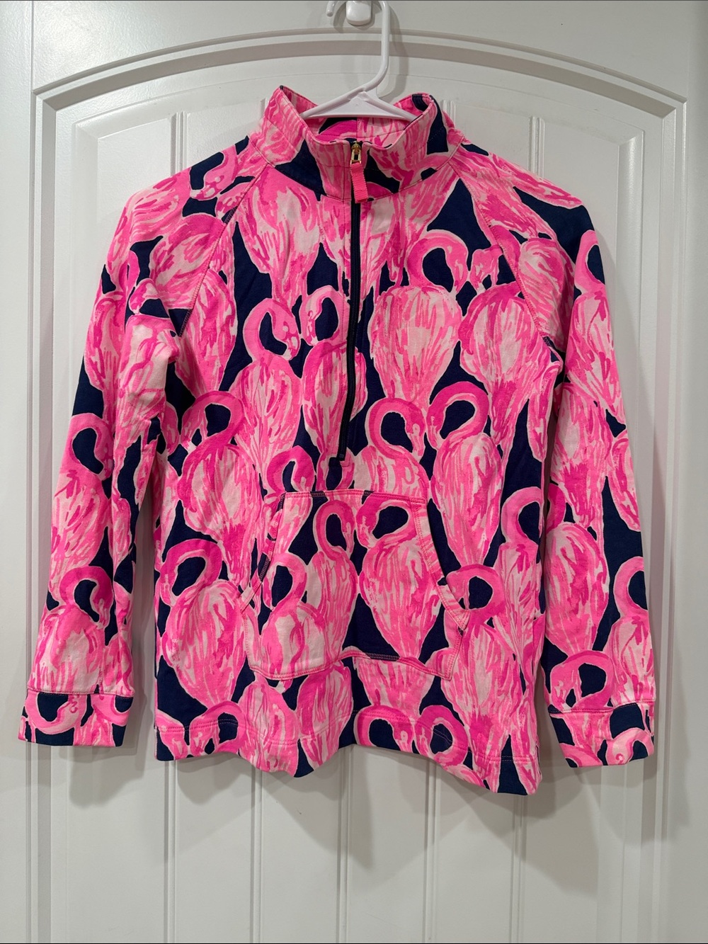 EUC Lilly Pulitzer Navy & Bright Pink Flamingo Quarter-Zip Pullover